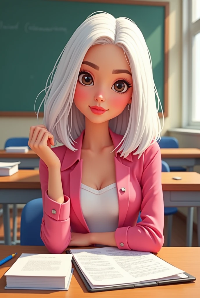 Create a barbie-like cartoon of a woman with shoulder-length white hair and dark brown eyes taking a semiology exam at university