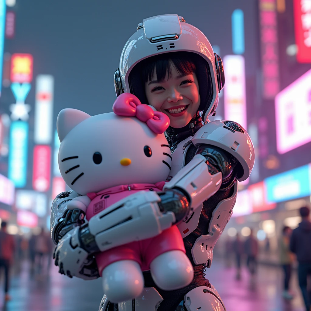Highest quality, 4K wallpaper, masterpiece, Highly detailed CG Unity 8k wallpaper, Very fine grain, Super detailed, Intricate details,
1 person, sf, (h1c4tt3ch Mecha, hugging Hello Kitty doll, cyber punk, Happy Neon City, smile, Hello Kitty, Adorable, beautiful, Dynamic pose