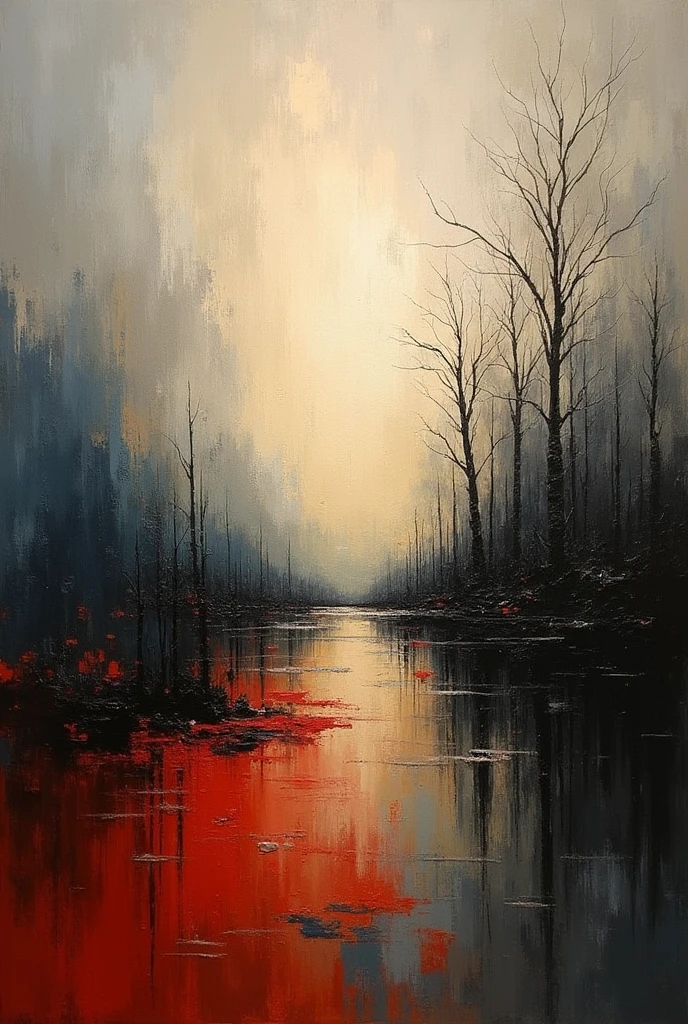 a thick textured oil painting, impasto brushstrokes, dry brushing,revealing underlayers, abstract landscape, moody lighting, dramatic shadows, muted earthy colors, vibrant colors, highly detailed, masterpiece