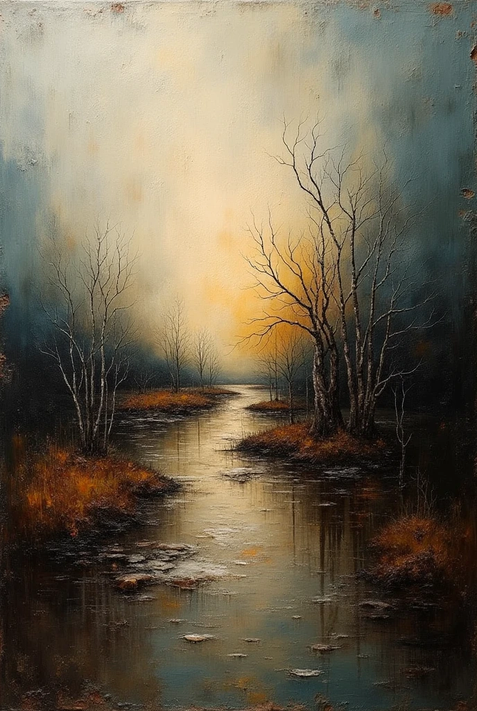 a thick textured oil painting, impasto brushstrokes, dry brushing,revealing underlayers, abstract landscape, moody lighting, dramatic shadows, muted earthy colors, vibrant colors, highly detailed, masterpiece