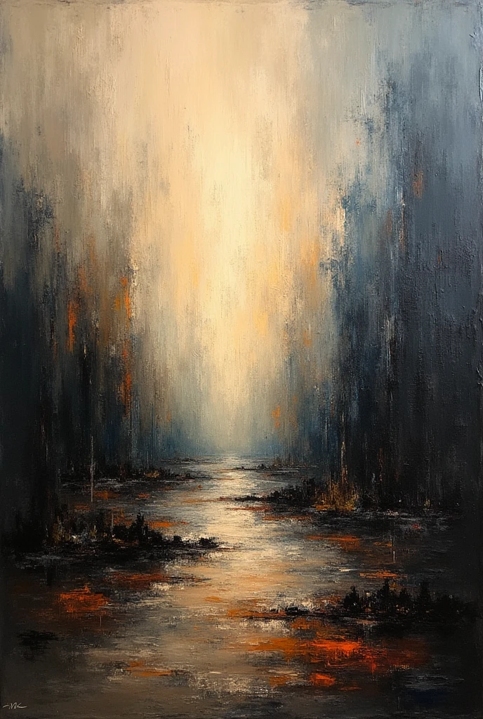 a thick textured oil painting, impasto brushstrokes, dry brushing,revealing underlayers, abstract landscape, moody lighting, dramatic shadows, muted earthy colors, vibrant colors, highly detailed, masterpiece