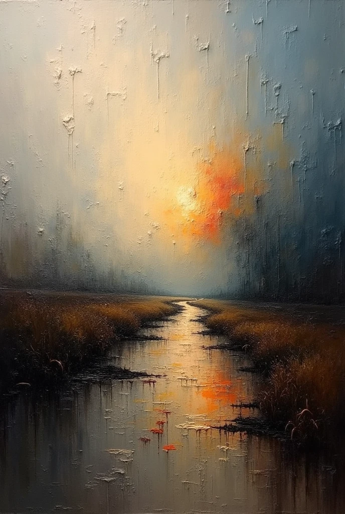 a thick textured oil painting, impasto brushstrokes, dry brushing,revealing underlayers, abstract landscape, moody lighting, dramatic shadows, muted earthy colors, vibrant colors, highly detailed, masterpiece
