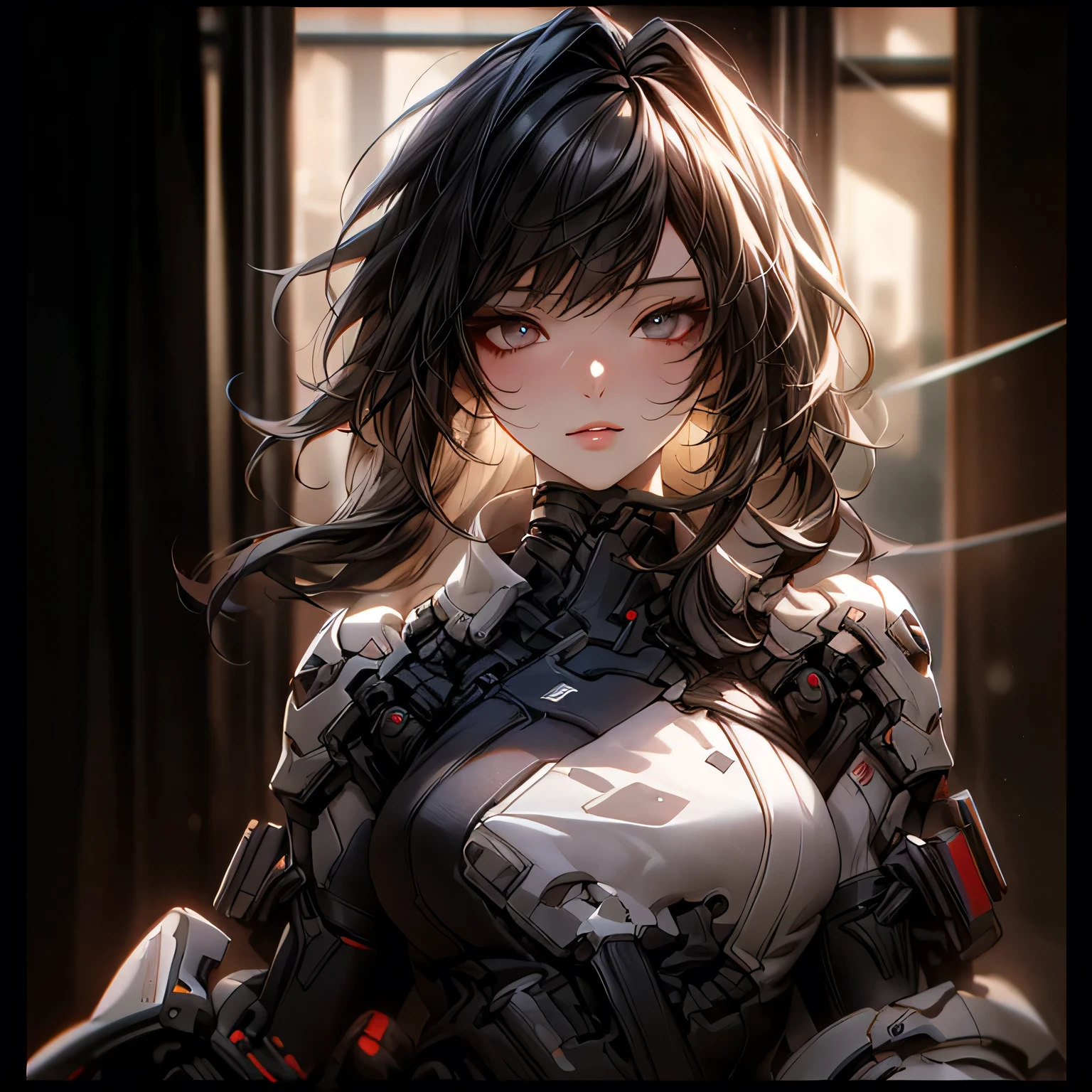 ((best quality)), ((Masterpiece)), (details:1.4), 3d, Image of a beautiful cyberpunk woman., HDR (high dynamic range), mature woman, Curtain Bangs, Black hair, white eyes, SWAT uniform, PBR surface, After processing, Anisotropic filtration,depth of field, Maximum clarity and clarity, multi-layered surface, perfect proportions, 8K raw files, cyberpunk, at night, ผมหลายชั้น,  กระโปรงสั้น, natural lighting, soft lighting, sunlight, หน้าอกใหญ่,