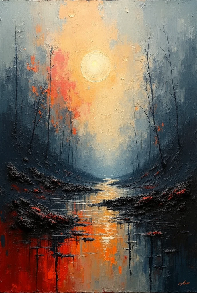 a thick textured oil painting, impasto brushstrokes, dry brushing,revealing underlayers, abstract landscape, moody lighting, dramatic shadows, muted earthy colors, vibrant colors, highly detailed, masterpiece,