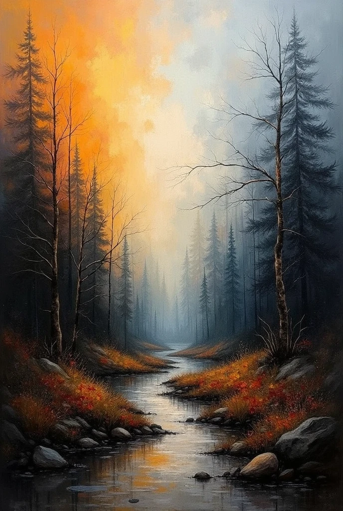 a thick textured oil painting, impasto brushstrokes, dry brushing,revealing underlayers, abstract landscape, moody lighting, dramatic shadows, muted earthy colors, vibrant colors, highly detailed, masterpiece,