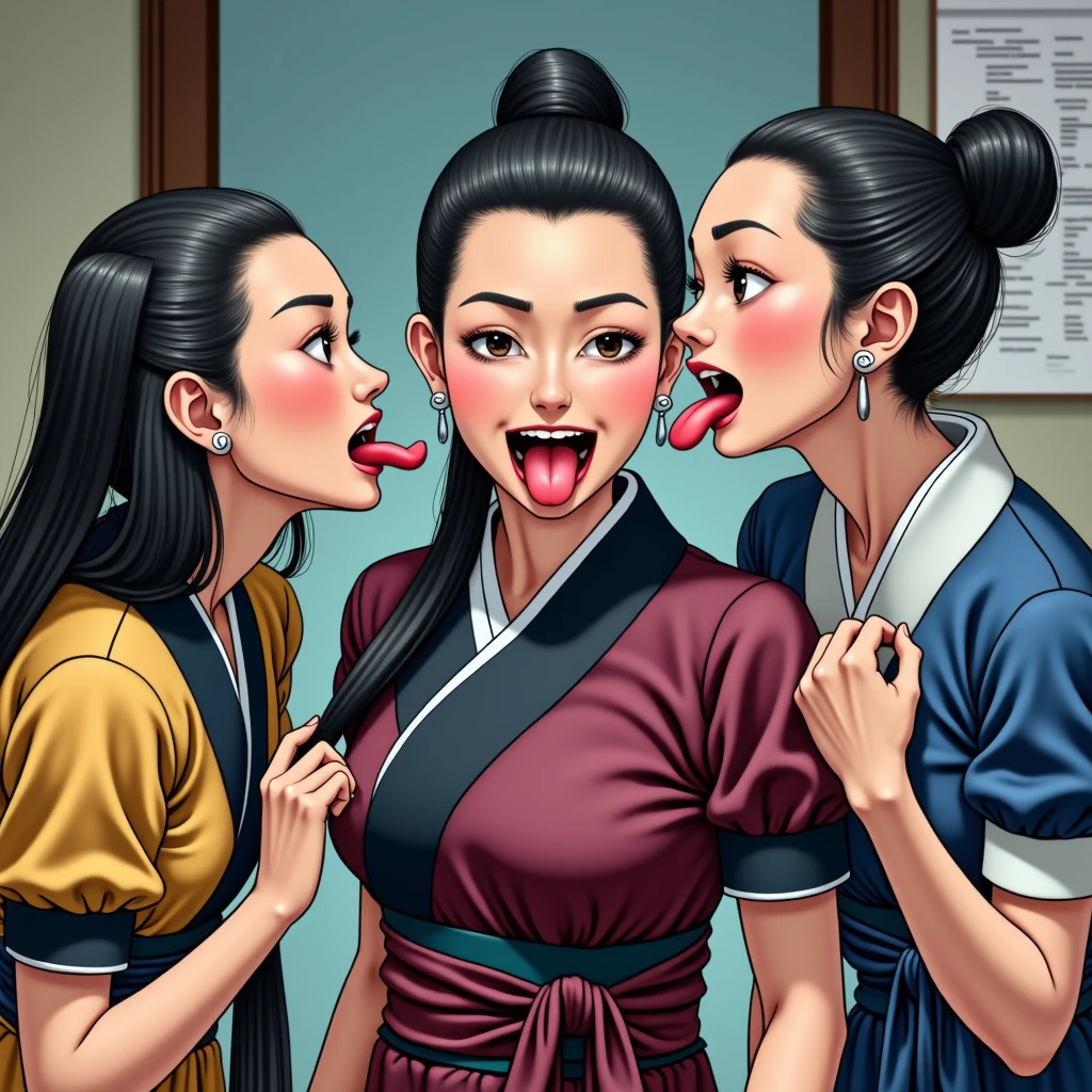 in luxerius office items sorrounded bright lighted modern japanese office,two 50 years old mature japanese ladies and 70 years old sexy eldery japanese lady,total 3 ladies involving and licking their hairs of each others wildly,70 years old mature lady stand,other mature two ladies crawling in to standing lady reaching 1 by 1 by sides licking standing lady' opened hair bun,these three ladies are with dressed in japanese kimono tradition dress as per image prompt,all three of them,with their hairs respectively black color for the marure ladies hairs in as per image prompt,their long,meticulaiursly twined bun hairs shinning since smeared in oil,red lipsstick,natural tongues pulled out,licking the seated lady' mature black opened hair bun like she is being raped excat in image,These all three ladies' faces are with showing full of sexual wildness showing out from their faces exact as in image prompt,Their eyes are fullfill with sexual wildness with raping hairs as per the imahe prompt,(Show me their tongues,long tongues:1.0) styled with 100000 liters hair oil,hairs like viscus oiled pulp,slick combed hair lines highly visible,{{{{Ladies wears perfect dresses in perfectt busty}}}},{{{{{NSFW}}}}},{{{{{{Hairs highly soaked}}}}}},{{{Hairs Drenched in water}}}}},{{{slick combed hair lines}}}},{{{{Hairlines reflecting shinning like mirrors with water}},{{{{{Showcase full bodies perfect figures}}}}},{{{{{High resolution perfecr color grading}}}}}},{{{Perfect hair buns on all three ladies exactly in image prompt}}}}}}},((((((((Generate ethnicity as mexican sexy build ladies))))))))),((((((Generate wildness poses where shows the wildness maturity of the sexually wildness and extremly extremly wildness in to hair licking by their tongues exatly as image prompt))))