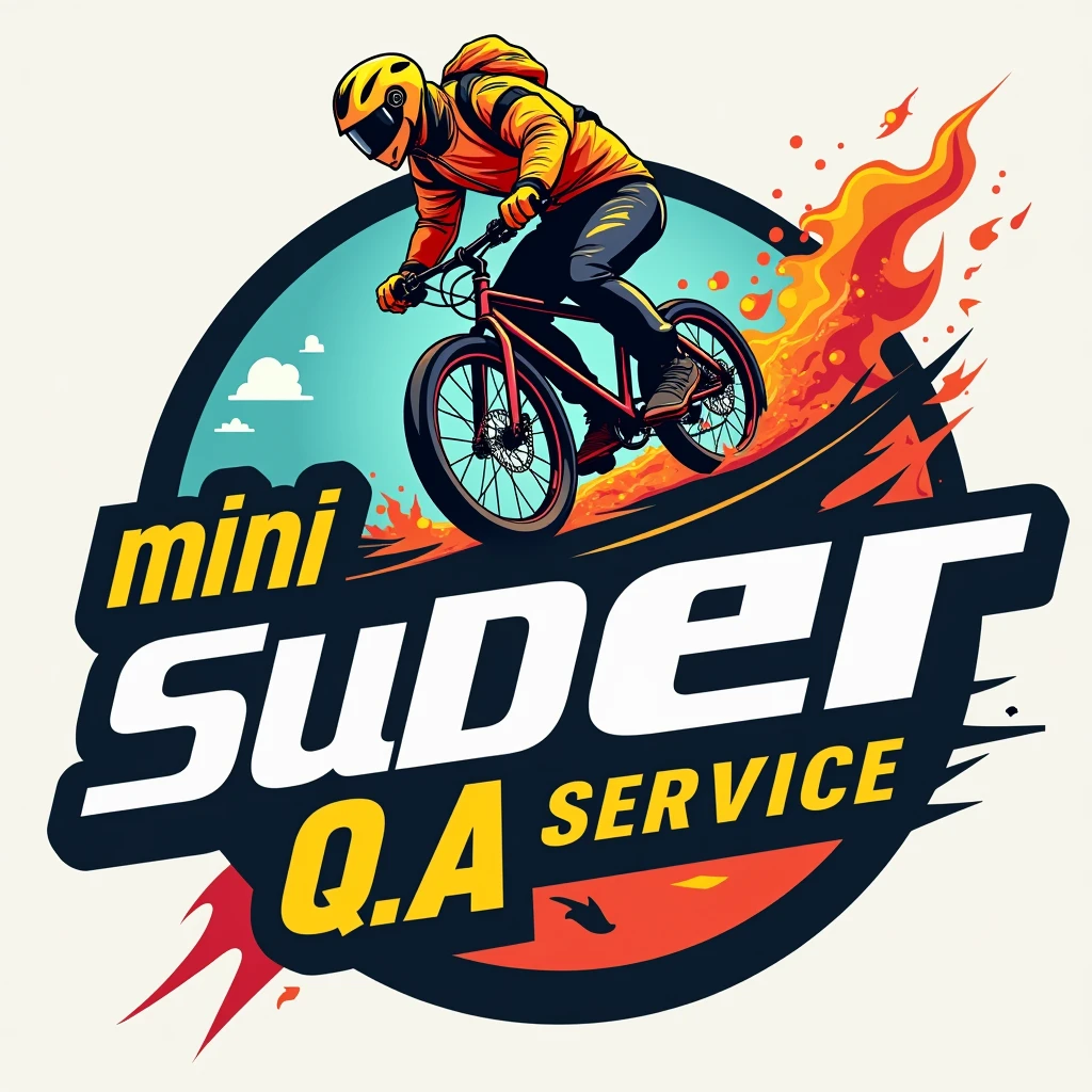 a colorful dynamic BICYCLE DELIVERY logo for SHOP "MINI SUPER Q.A ", racing style font, distinctive stunt DELIVERY bicycle logo, extreme sports, bold colors, high energy, dynamic composition, artistically rendered, vibrant, striking, visually captivating, professional design, digitally painted, masterpiece, best quality, 4k, ultra-detailed,HD