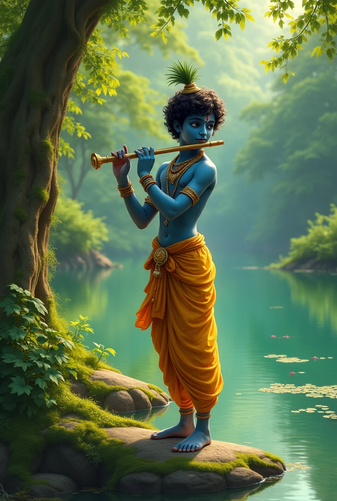 Little Lord Krishna Standing near a green pond playing the flute looking fordward