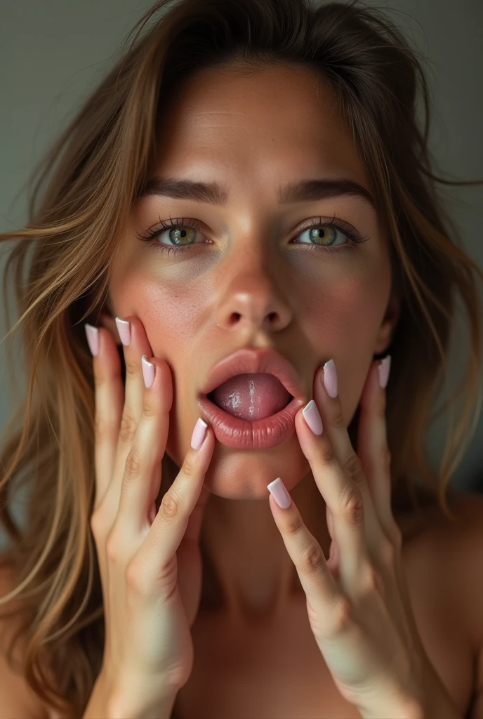 Create a very horny girl having an orgasm with cum on her face