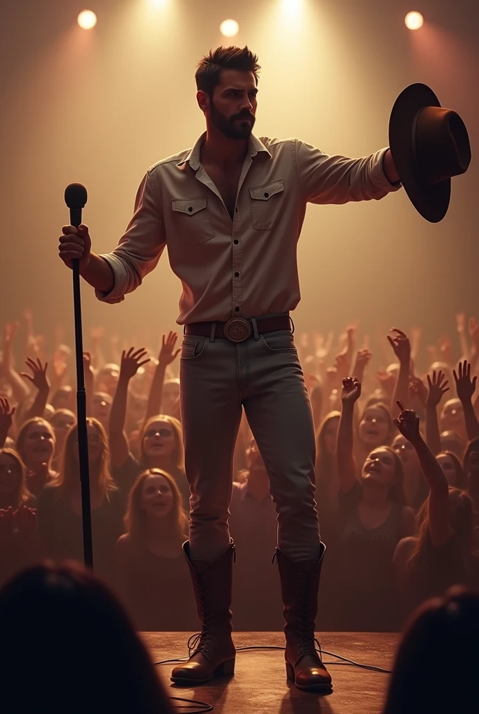 Cantor de country, Very beauthful. black hair and beard , stark. With a button-down blouse, light jeans heels. Holding a cowboy hat in one hand and the other holding a stand with a microphone. He sings for excited fans