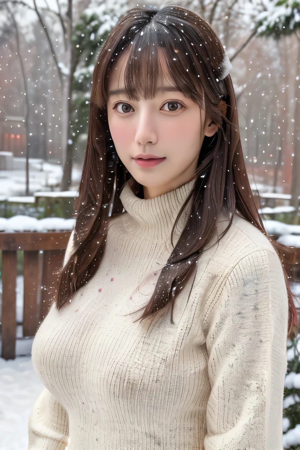 (masterpiece:1.35),(best-quality:1.4),8k,ultra-detailed,photography,(ultra-realistic:1.4), adult girl, long hair, sweater, snowing background, Large Breast, Slim Body, Cute face,