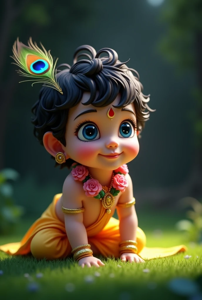 A 3D render of a closeup shot of a cute baby Krishna with cute blue big eyes.....with a peacock feather in his hair....and his flute..... He is wearing a yellow dhoti and a flower garland. He his crawling and sitting like a baby...on the grass in the lawn ......with cute smile. The background is blur. The lighting is dramatic, with a bright spotlight on Krishna and a dark background.