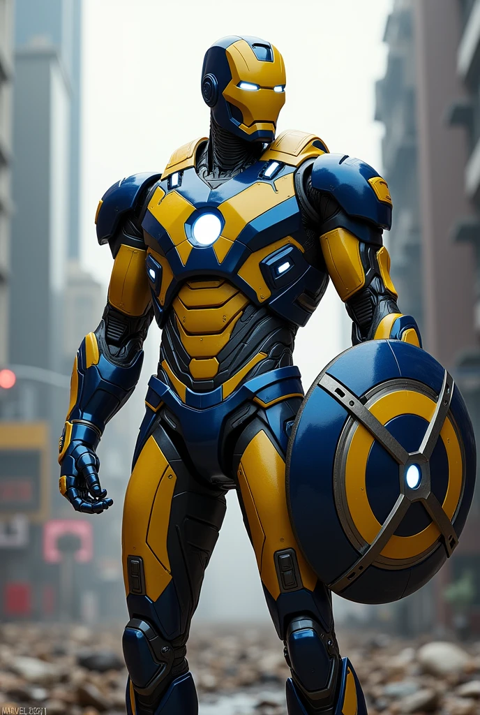 Iron man with wearing yellow and blue Xmen Suit and Xmen Sheild