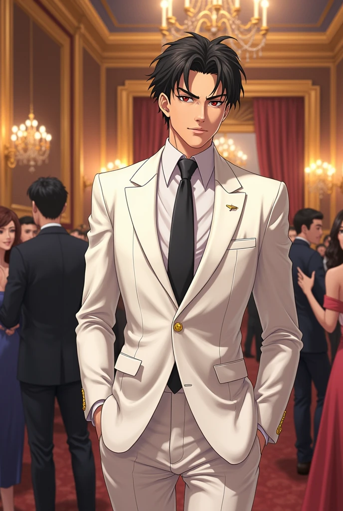 Seiya Kou from the Three Lights group from Sailor Moon anime from the 90&#39;s dressed in an elegant white suit at an anniversary party 