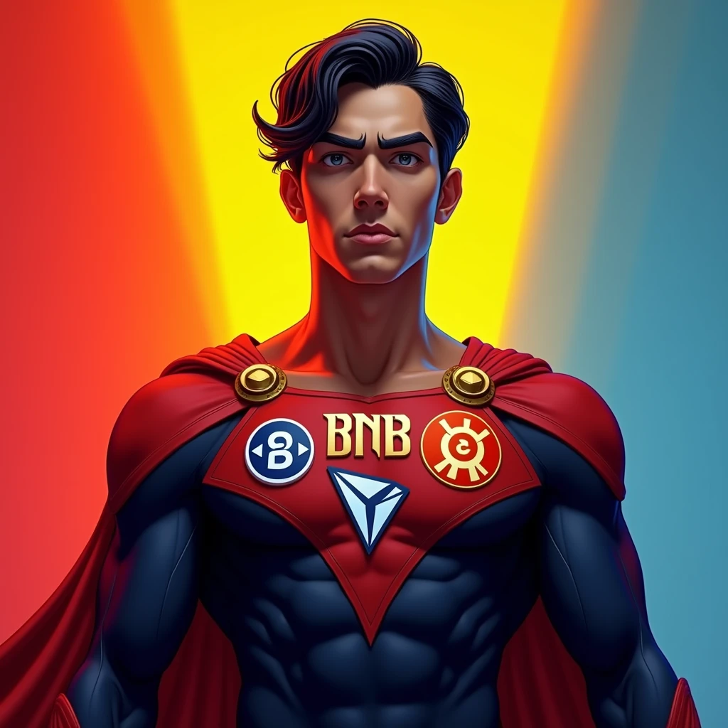 Create a superhero character standing confidently against a gradient background, with a color theme of red, yellow, and blue. The character should have short, wavy black hair and a serious, focused expression with large eyes. The superhero's costume should incorporate the red, yellow, and blue color scheme, with the Binance (BNB) logo in yellow, the Tron (TRX) logo in red, and the TON (The Open Network) logo in blue prominently displayed on the chest, each logo clearly visible and distinct. The suit should have sleek and modern design elements, with gold accents for added detail, blending the logos seamlessly into the overall superhero theme. The background should enhance the color theme with complementary gradient tones.