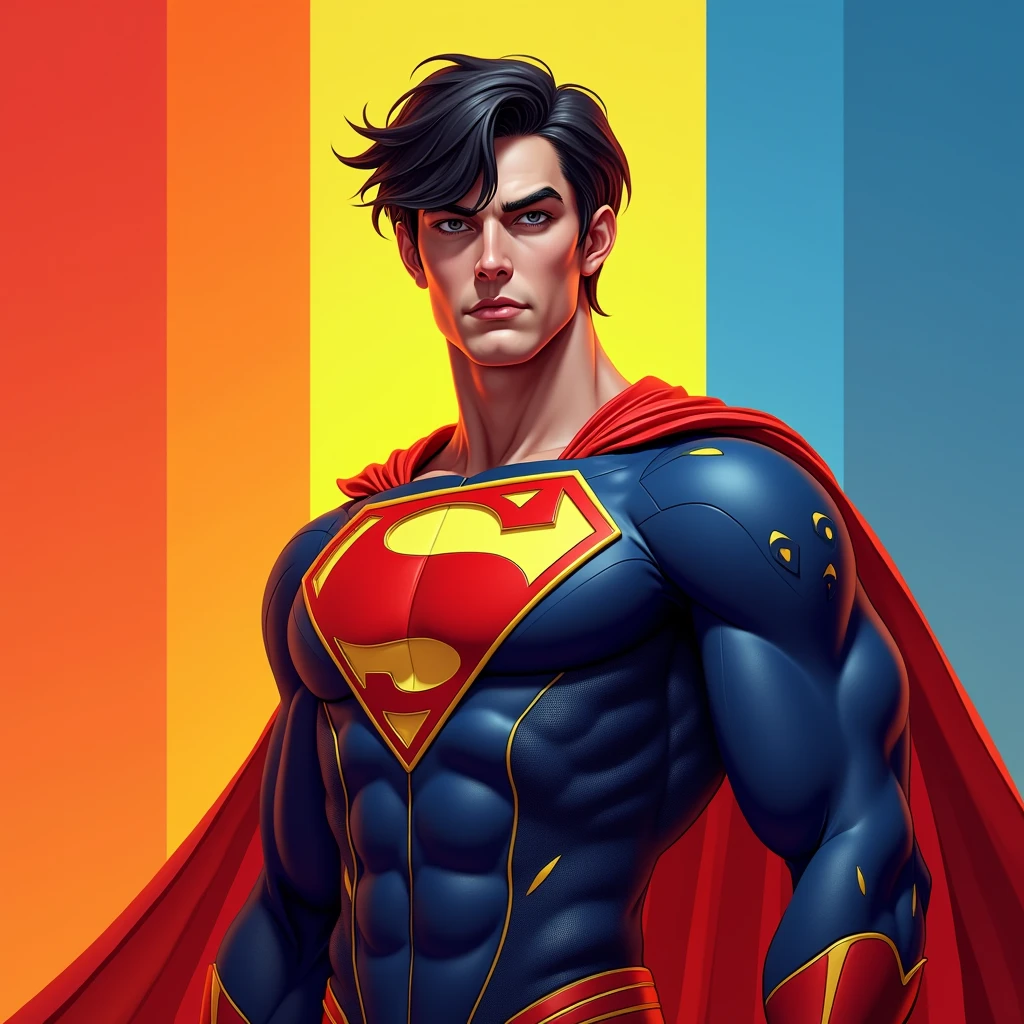 Create a superhero character standing confidently against a gradient background, with a color theme of red, yellow, and blue. The character should have short, wavy black hair and a serious, focused expression with large eyes. The superhero's costume should incorporate the red, yellow, and blue color scheme, with the Binance (BNB) logo in yellow, the Tron (TRX) logo in red, and the TON (The Open Network) logo in blue prominently displayed on the chest, each logo clearly visible and distinct. The suit should have sleek and modern design elements, with gold accents for added detail, blending the logos seamlessly into the overall superhero theme. The background should enhance the color theme with complementary gradient tones.