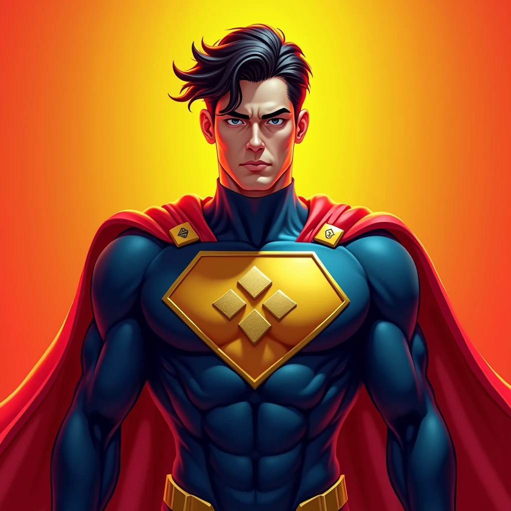 Create a superhero character standing confidently against a gradient background, with a color theme of red, yellow, and blue. The character should have short, wavy black hair and a serious, focused expression with large eyes. The superhero's costume should incorporate the red, yellow, and blue color scheme, with the Binance (BNB) logo in yellow, the Tron (TRX) logo in red, and the TON (The Open Network) logo in blue prominently displayed on the chest, each logo clearly visible and distinct. The suit should have sleek and modern design elements, with gold accents for added detail, blending the logos seamlessly into the overall superhero theme. The background should enhance the color theme with complementary gradient tones.