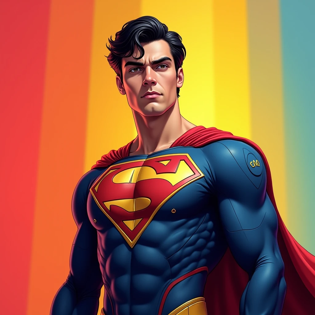Create a superhero character standing confidently against a gradient background, with a color theme of red, yellow, and blue. The character should have short, wavy black hair and a serious, focused expression with large eyes. The superhero's costume should incorporate the red, yellow, and blue color scheme, with the Binance (BNB) logo in yellow, the Tron (TRX) logo in red, and the TON (The Open Network) logo in blue prominently displayed on the chest, each logo clearly visible and distinct. The suit should have sleek and modern design elements, with gold accents for added detail, blending the logos seamlessly into the overall superhero theme. The background should enhance the color theme with complementary gradient tones.