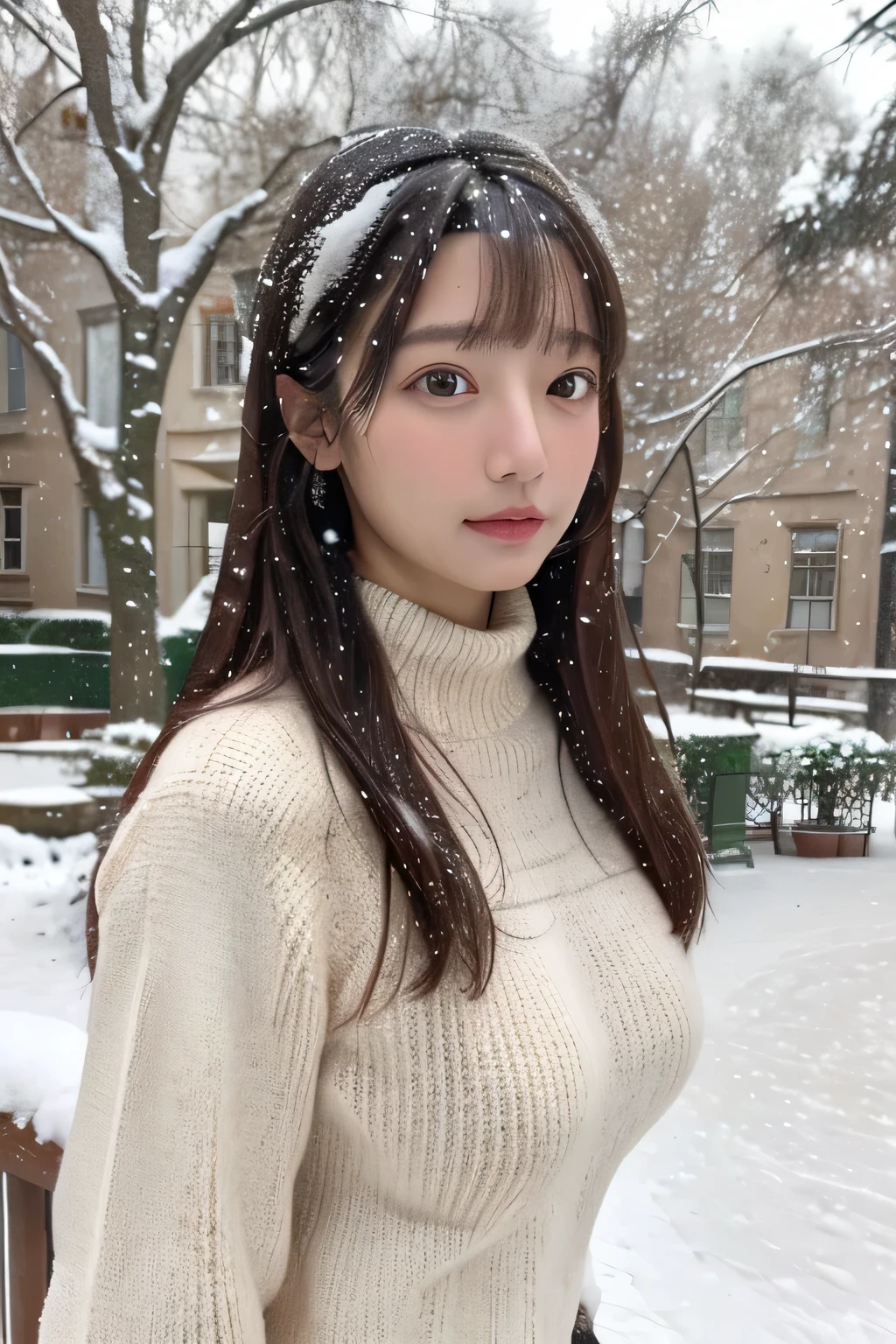 (masterpiece:1.35),(best-quality:1.4),8k,ultra-detailed,photography,(ultra-realistic:1.4), adult girl, long hair, sweater, snowing background, Large Breast, Slim Body, Cute face,