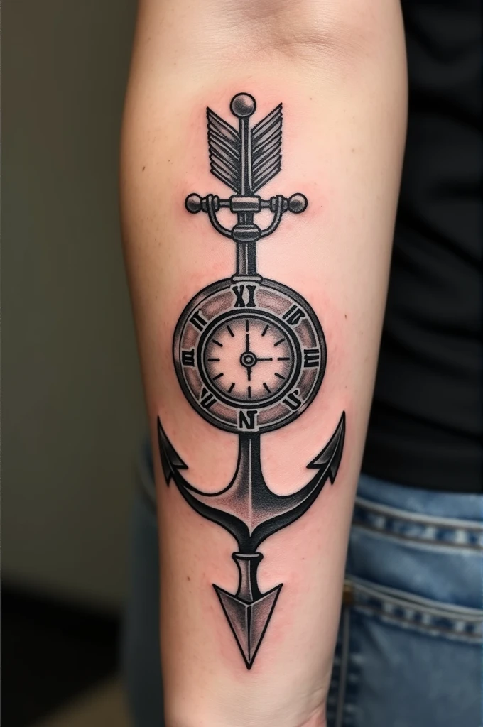 Arrow tattoo that includes a compass, clock and an anchor 
