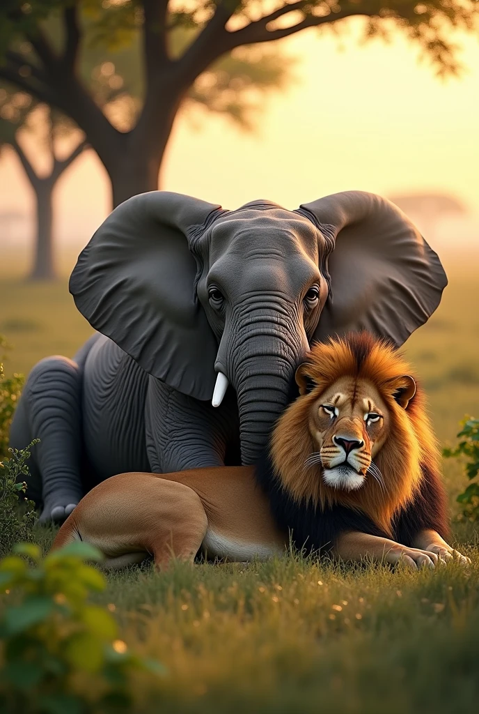 Elephant sleeping with lion