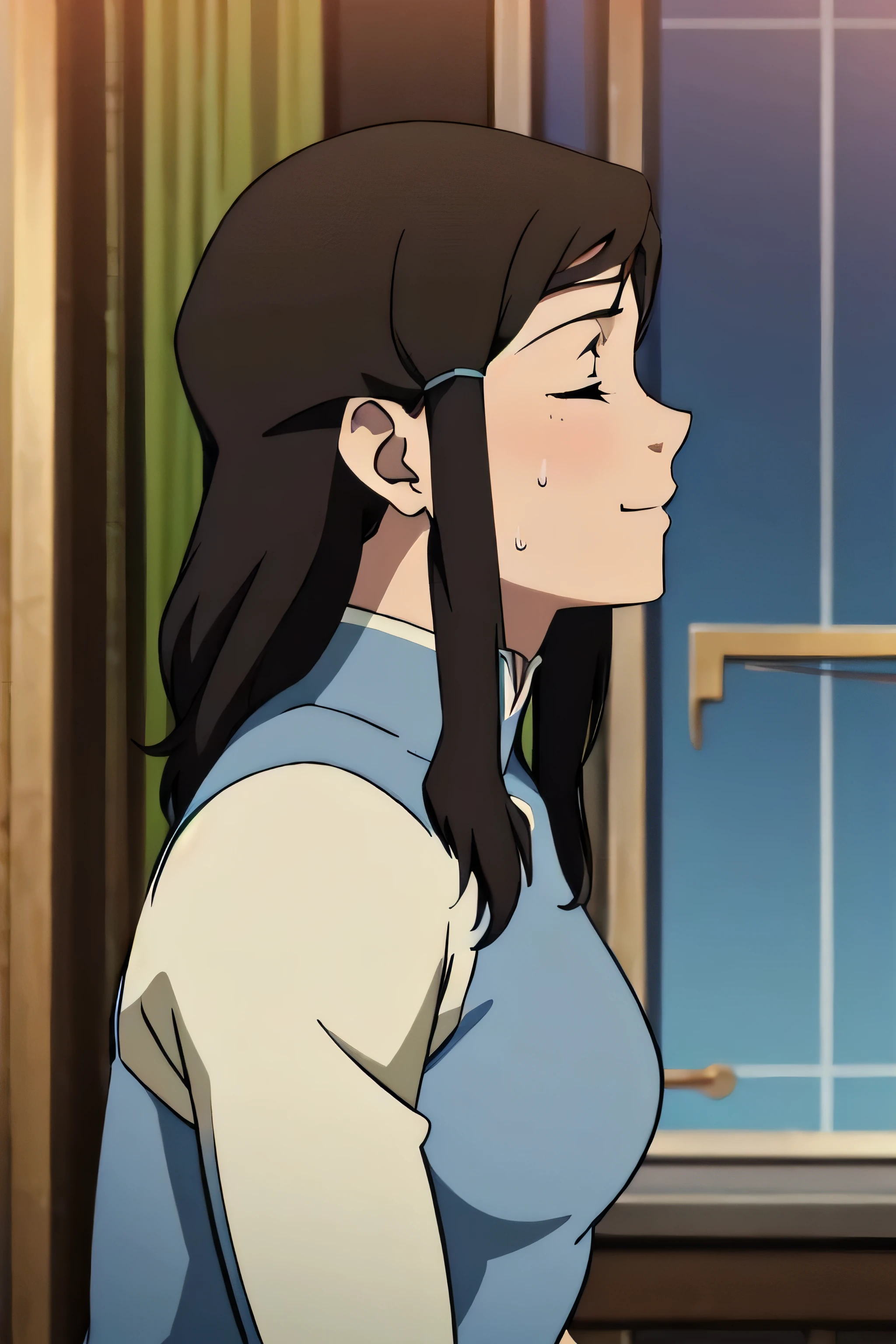 Korra,1girl, solo, upper body, side view, viewed from side, smile, sensual expression,eyes closed,leaning forwards,leaned forwards,sweaty