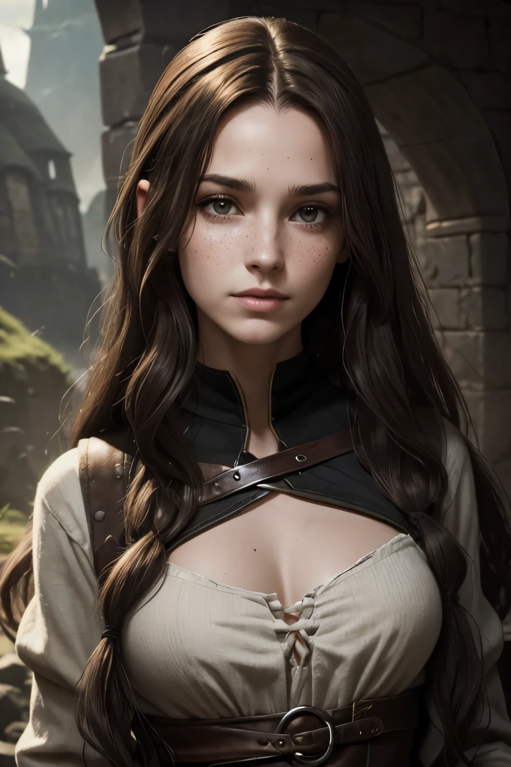Portrait of a 40years female rogue in a fantasy medieval setting. Extremly pale skin. Liverspots. A narrow and soft face. Long forehead. Very thin barely visible eyebrows. Upturned dark-brown eyes. A very long and wide nose. Curved lips. Freckles. Middle long dark-brown hair. Wavy hair. Long neck. Wearing fantasy clothing of a rogue. Background black. Looking friendly. Kind. Intelligent.