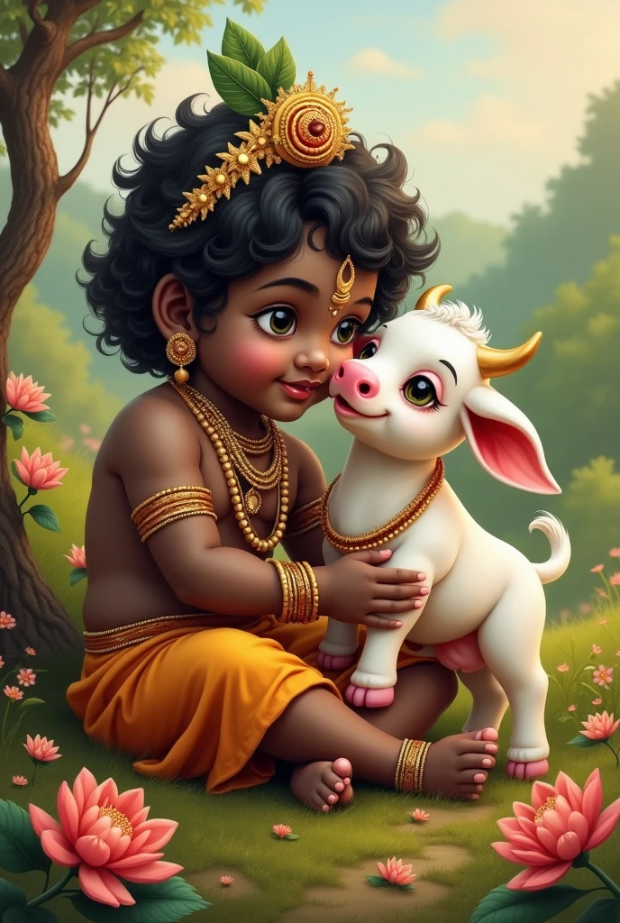 Cute Krishna with cow cub with Radha nearby