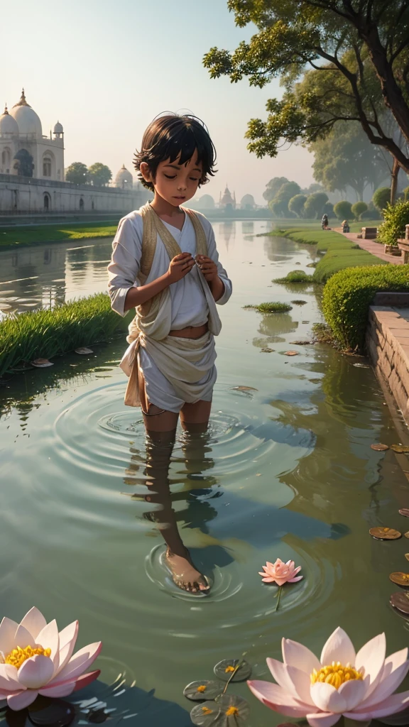 Little Krishna playing by the banks of the Yamuna river, his feet splashing in the water, with lotus flowers floating around him. A gentle breeze is blowing, making his peacock feather sway slightly. In the background, the river flows peacefully, with Vrindavan’s beautiful temples visible in the distance.