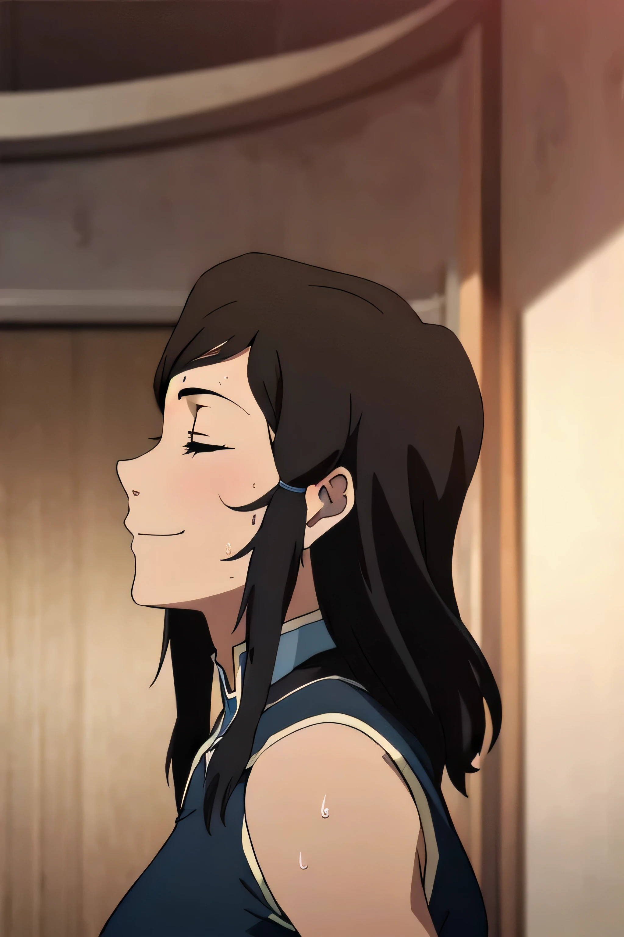 Korra,1girl, solo, upper body, side view, viewed from side, smile, sensual expression,eyes closed,leaning forwards,leaned forwards,sweaty