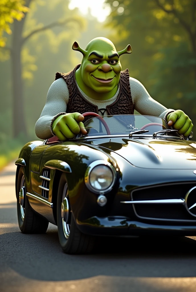 Shrek drives a Mercedes