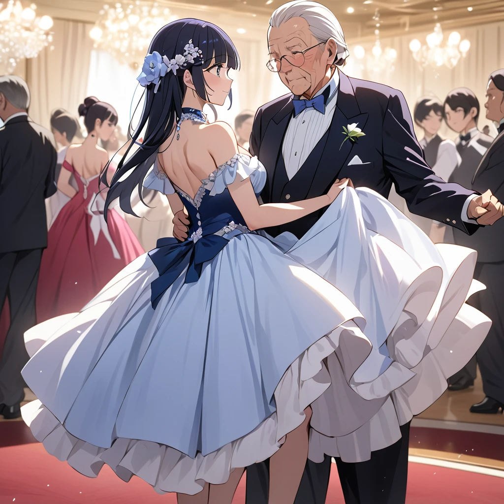 ((Highest quality)), ((masterpiece)), (detailed), (Perfect Face)、The woman is Reika Aoki with semi-long hair、A woman is dancing ballroom in a ballroom costume, escorted by an elderly gentleman.