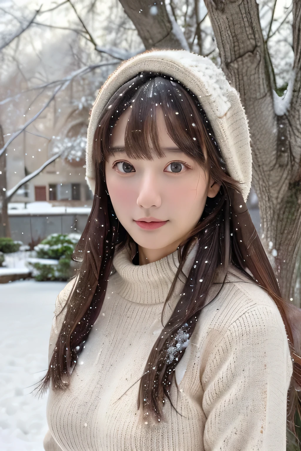 (masterpiece:1.35),(best-quality:1.4),8k,ultra-detailed,photography,(ultra-realistic:1.4), adult girl, long hair, sweater, snowing background, Large Breast, Slim Body, Cute face,