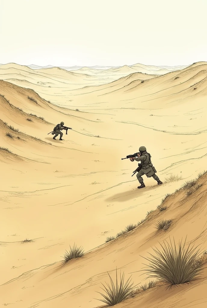 Land of haryana , barren vast land with low height dune with creeps , half of image covers soldiers fighting (in small scale ) ,in sketch format 