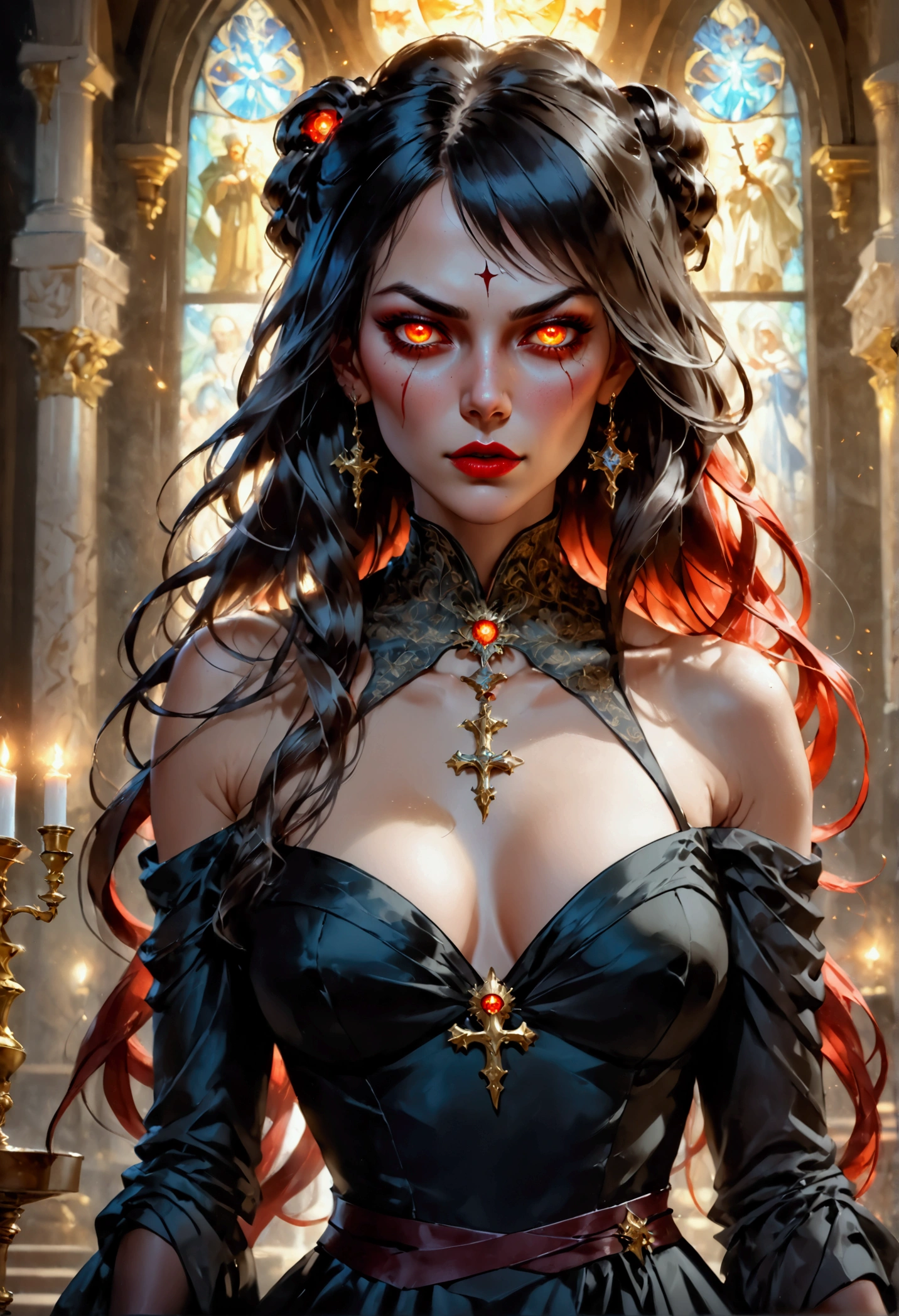 Arafed, dark fantasy art, glamour shot, award winning shot, photorealistic, a portrait of a female vampire drinking a ((glass of blood)), dynamic hair color, dynamic hair style , long hair, red lips, (glowing eyes: 1.5), dynamic eye color, dynamic color, she wears, an elegant (black dress: 1.5), catholic church and altar background, bar background, 16k, ultra detailed, masterpiece, best quality, (extremely detailed), rpg portrait, art by mooncryptowow, photograph, FFROA