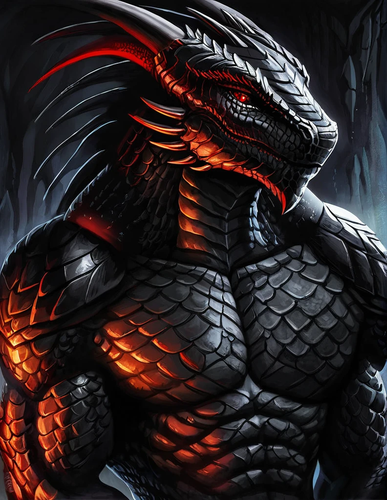muscular dragonborn, detailed scaly black skin, red eyes, topless bodysuit, fantasy, highly detailed, chiaroscuro