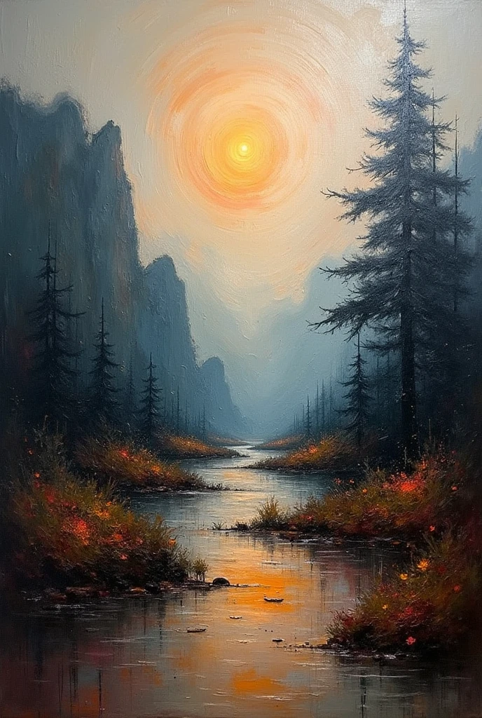 a thick textured oil painting, impasto brushstrokes, dry brushing,revealing underlayers, abstract landscape, moody lighting, dramatic shadows, muted earthy colors, vibrant colors, highly detailed, masterpiece,