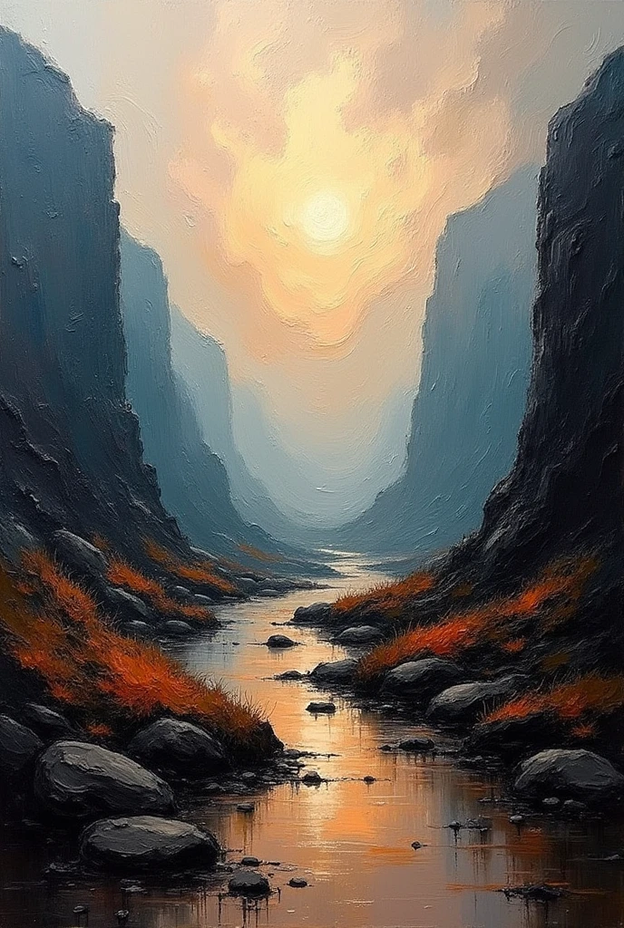 a thick textured oil painting, impasto brushstrokes, dry brushing,revealing underlayers, abstract landscape, moody lighting, dramatic shadows, muted earthy colors, vibrant colors, highly detailed, masterpiece,