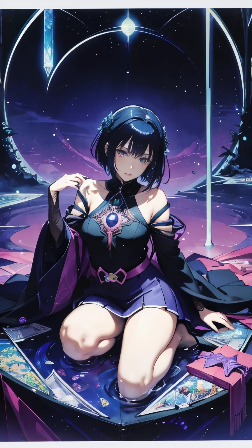 Harry Clarke, Raquel Gameiro, Kōji Fukiya, Seiji Fujishiro, Maria Keil, Surrealism Mysterious Weird Fantastic Fantasy Sci-fi, Japanese Anime, Crescent moon inside a paper box, Beautiful miniskirt  high school girl looking into the box, detailed masterpiece 