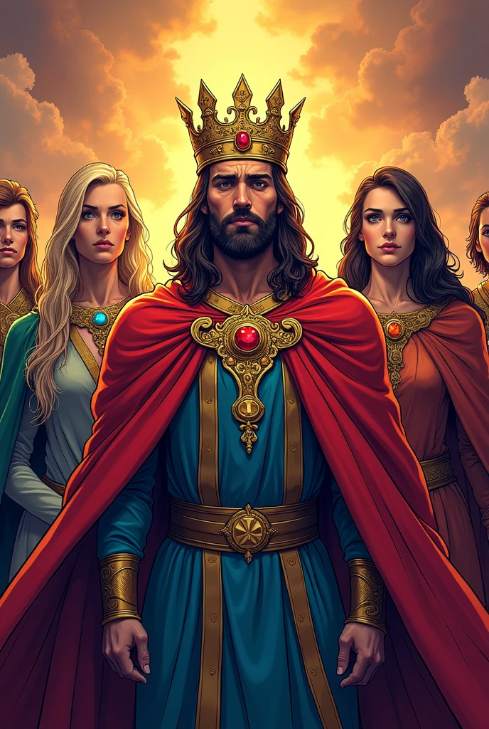 Create an image of the group role of the leader in comic style, in which the leader wears a crown and a cloak. 
