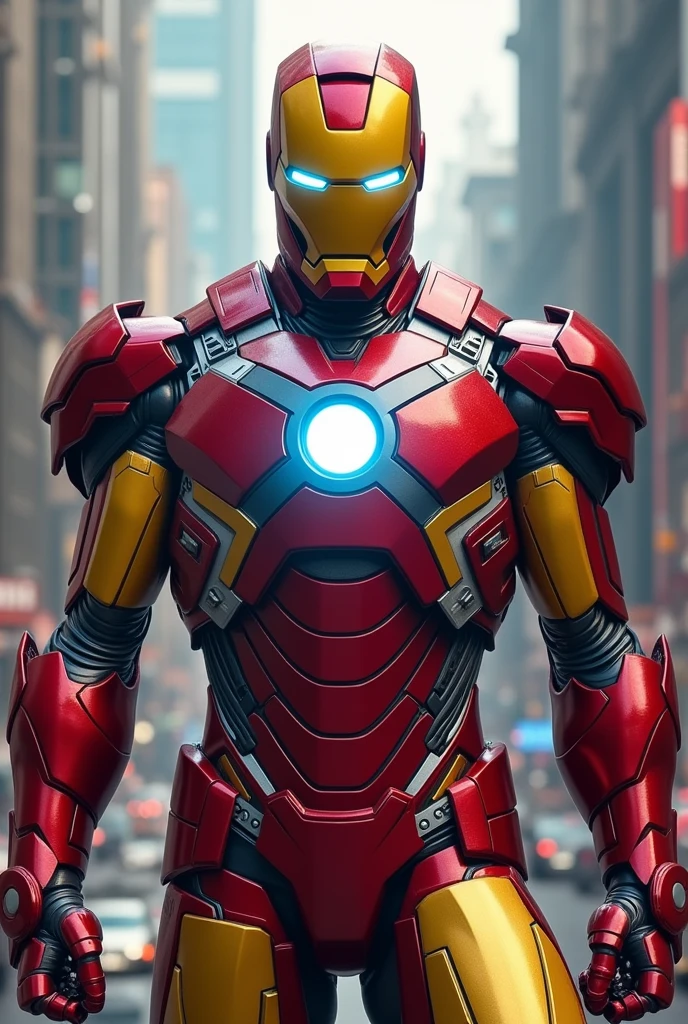 Iron man with wearing yellow and blue Xmen Suit and Xmen logo
