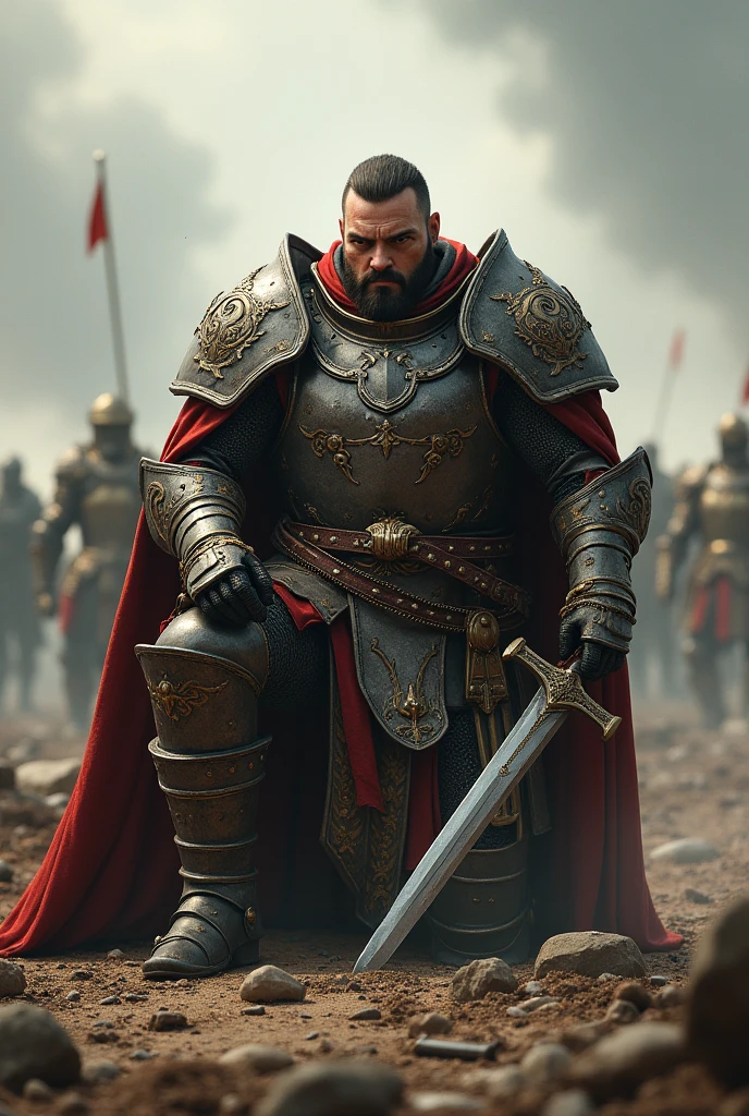 A brave male warrior with round face, well built body, he wear a armour and sitting in a battle field on his knees with his long sword