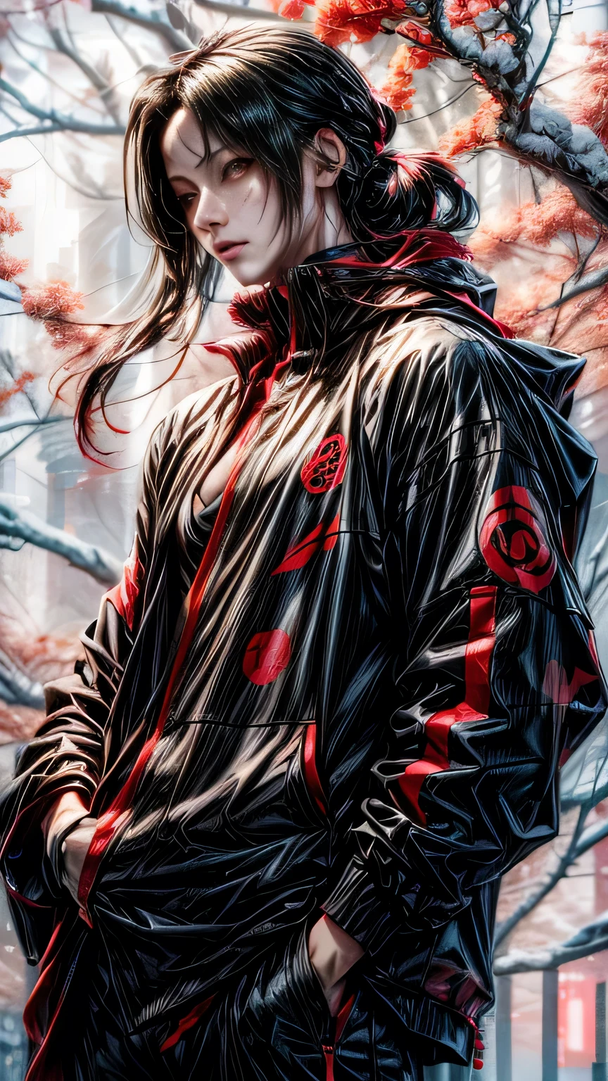 Uchiha Itachi in black and red jacket standing in front of a tree, cyberpunk uchiha Itachi in hoodie, artwork in the style of guweiz, guweiz, from girls frontline, profile picture 1024px, fine details. girls frontline, from arknights, girls frontline style, by Kamagurka, arknights, cyberpunk streetwear, by Yang J