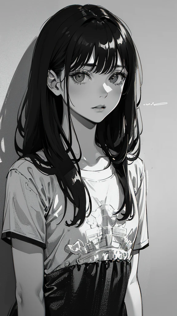 1 boyish girl, solo, sharp eyes, monochrome, greyscale, short black hair, portrait, T-shirt, closed mouth, looking at viewer, sketch, graphite \(medium\), detailed lips, hatching \(texture\), without makeup, bangs, upper body, (best illustration), (best quality), (very detailed), (masterpiece), expressionless,