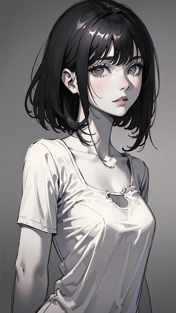1 boyish girl, solo, sharp eyes, monochrome, greyscale, short black hair, portrait, T-shirt, closed mouth, looking at viewer, sketch, graphite \(medium\), detailed lips, hatching \(texture\), without makeup, bangs, upper body, (best illustration), (best quality), (very detailed), (masterpiece), expressionless,