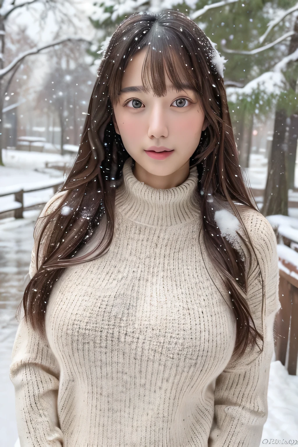(masterpiece:1.35),(best-quality:1.4),8k,ultra-detailed,photography,(ultra-realistic:1.4), adult girl, long hair, sweater, snowing background, Large Breast, Slim Body, Cute face,