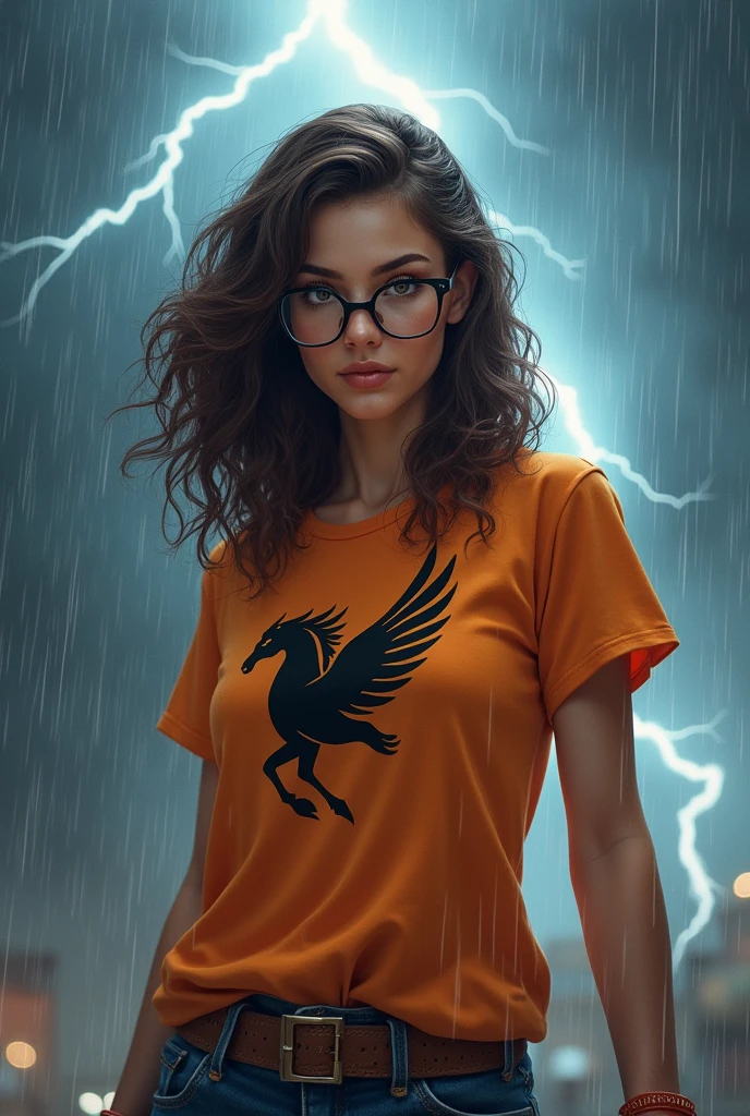 Daughter of Zeus demigoddess brunette curly hair wearing glasses brown eyes orange t-shirt black Pegasus symbol rain and lightning thunder 