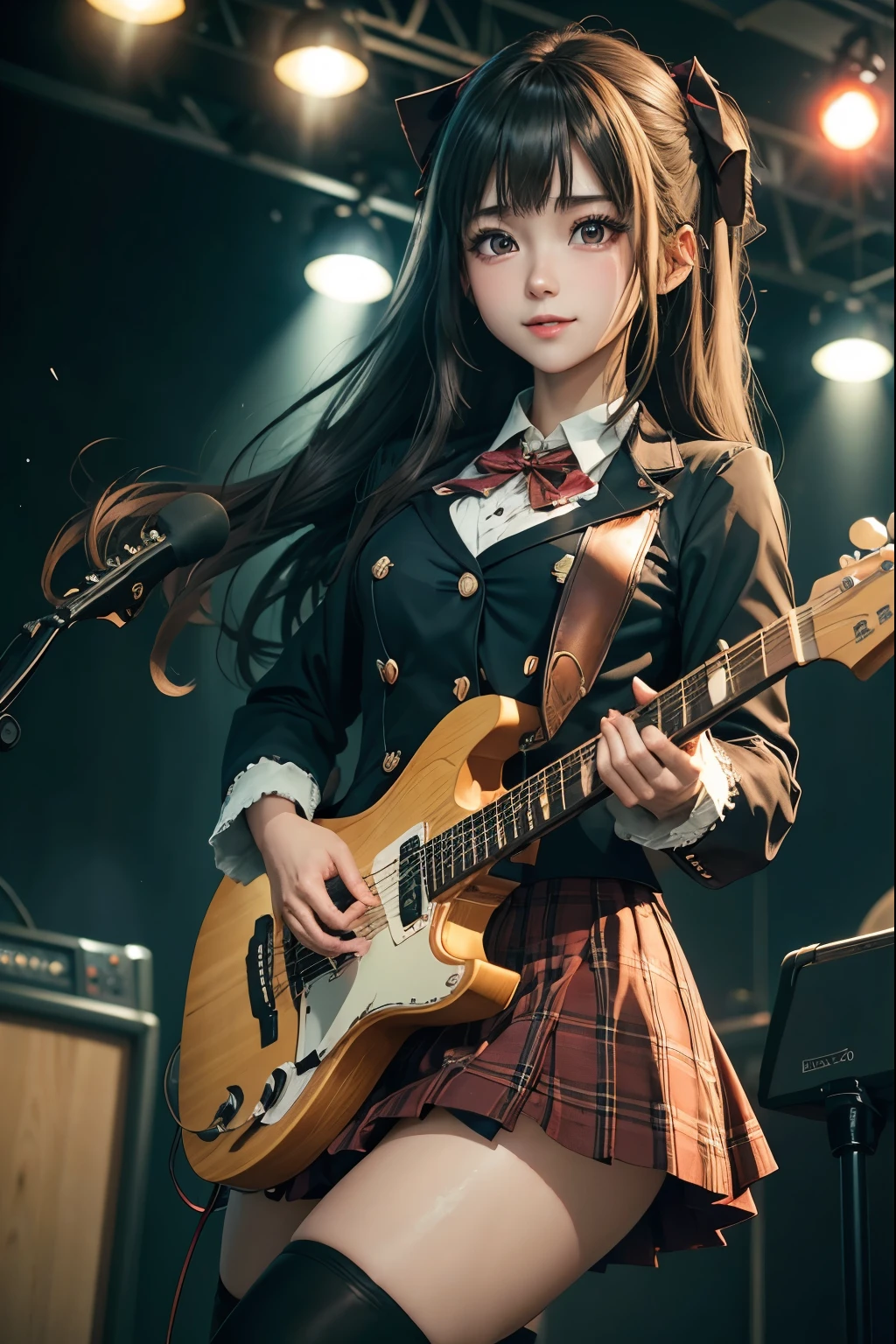 High school girl blazer、uniform、Red checked knee-length skirt、Long skirt、JK Style、Jacket、smile、Knee-high socks、Thigh-high socks、pantyhose、Extremely beautiful、Super cute、ennui、Rare Beauty、Dark black eyeshadow、sad、Skin radiance、Long Hair Straight Hair、Dark Gothic Makeup、Dark Smile、Fragrant beauty、Stained glass background、masterpiece、Highest quality、See 5 books、Sweat glistening on my chest、Sweat glistening on the face、Small breasts、2、Slightly slim、Mysterious look、Sad look、Mysterious Gothic Church、enchanting castle、Excessive sweating all over the body、Thighsに大量の汗と光、光沢のあるThighs、Thighs、Thighsに大量の汗が光る、sweat profusely、Gal、Small breasts、Japanese face、Captivating look、細いThighs、play the guitar、I have a guitar、Enthusiastic singing、バンドでplay the guitar、Playing guitar chords、Background of the live music venue、Sing a song、Open your mouth、Scenery of a live music venue、Mike stand、Glamorous live stage、Dynamic Angles、Vivid straight long hair、delicate straight hair、Extremely fair skin、
