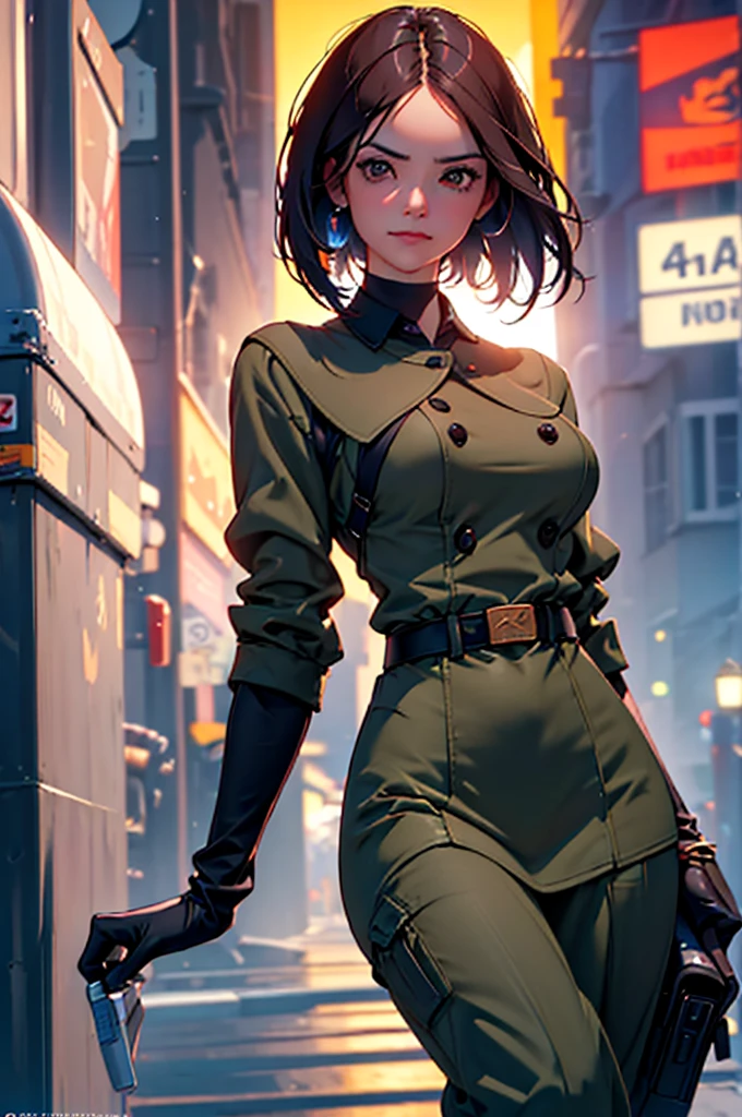 (at night), in a video game scene in the background, a beautiful city at night, raining, alone, standing looking straight ahead, military clothing with military green skirt and pants, black gloves, semi-short hair, ((semi-short hair)), 1 girl, 30 years old, young woman, perfect hands, Beautiful fingers, Beautiful long legs, Beautiful body, Beautiful nose, Beautiful character design, perfect face, looking straight at the viewer with a serious gesture, very upset looking at the viewer, she has a black whip in her hand (focusing on her face), closed mouth, smile_light, official art, extremely detailed CG unity 8k wallpaper, perfect lighting, bright and colorful front lighting, skin glossy (masterpiece: 1.0), (best_quality: 1.0), ultra high resolution, 4k, ultra detailed photography, 8K, hdr, high resolution, nonsense:1.2, Kodak portrait 400, film grain, blurred background, bokeh:1.2 , Lens flare, (vibrant_color:1.2), professional photography, (Beautiful, breasts: 1.4), (Beautiful_face: 1.5), (narrow waist),
