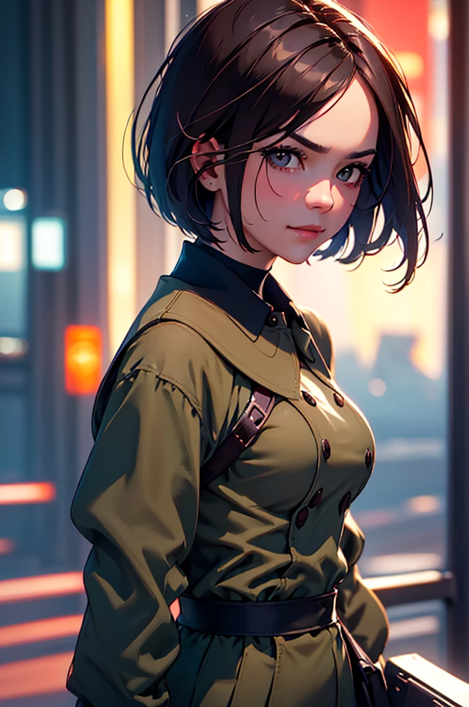 (at night), in a video game scene in the background, a beautiful city at night, raining, alone, standing looking straight ahead, military clothing with military green skirt and pants, black gloves, semi-short hair, ((semi-short hair)), 1 girl, 30 years old, young woman, perfect hands, Beautiful fingers, Beautiful long legs, Beautiful body, Beautiful nose, Beautiful character design, perfect face, looking straight at the viewer with a serious gesture, very upset looking at the viewer, she has a black whip in her hand (focusing on her face), closed mouth, smile_light, official art, extremely detailed CG unity 8k wallpaper, perfect lighting, bright and colorful front lighting, skin glossy (masterpiece: 1.0), (best_quality: 1.0), ultra high resolution, 4k, ultra detailed photography, 8K, hdr, high resolution, nonsense:1.2, Kodak portrait 400, film grain, blurred background, bokeh:1.2 , Lens flare, (vibrant_color:1.2), professional photography, (Beautiful, breasts: 1.4), (Beautiful_face: 1.5), (narrow waist),
